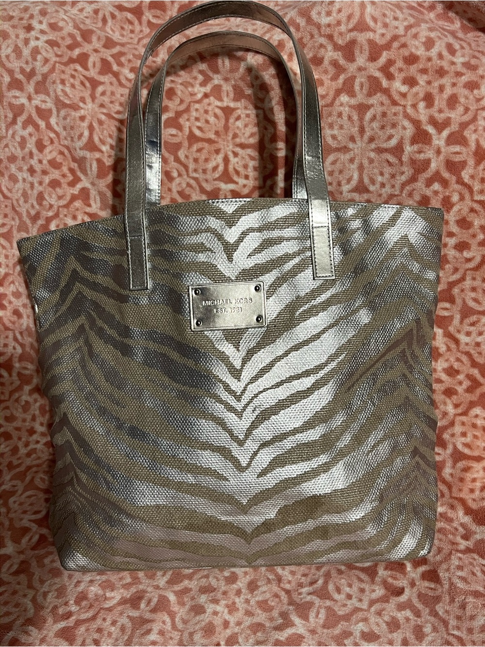 Michael Kors Metallic Zebra-Print Tote - Silver and Taupe